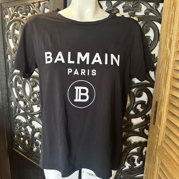 Balmain Tops - Authentic Black w/ White Logo Gold Buttons Short Sleeve Balmain Tee / T Shirt.